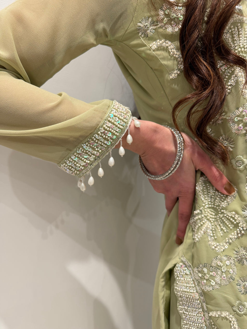 Eid collection-Beaded kameez with Extra flared Palazzo-Sage Green