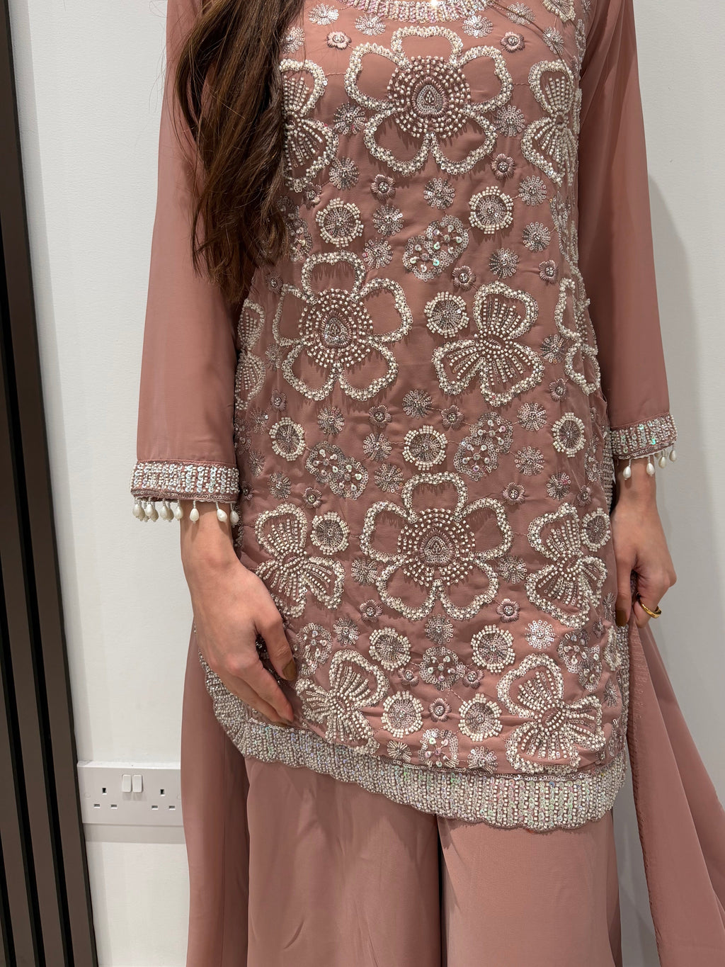Eid collection -Beaded Kameez With Extra Flared Palazzo Dusty Pink