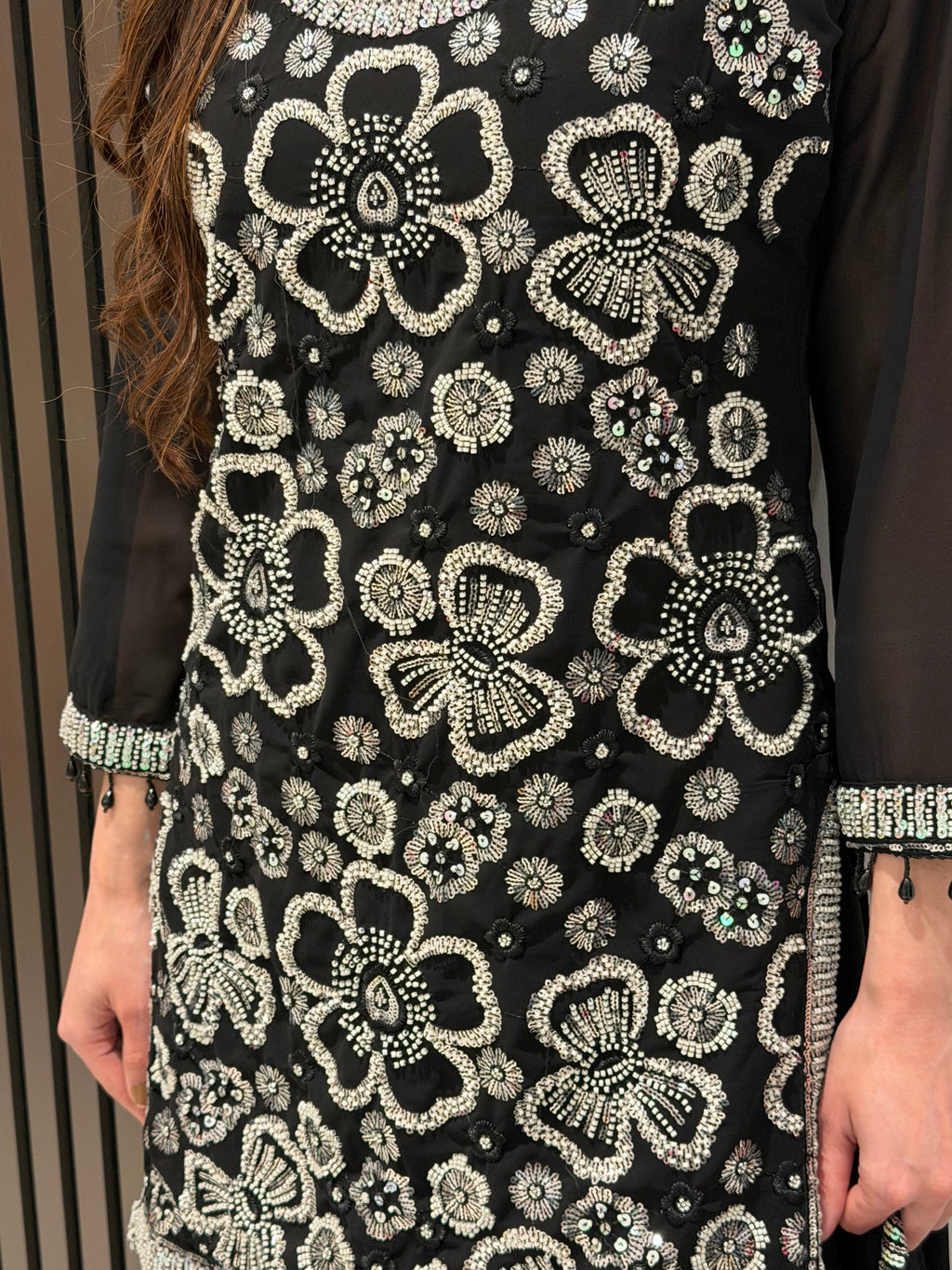 Eid collection-Beaded kameez with Extra flared Palazzo-Black