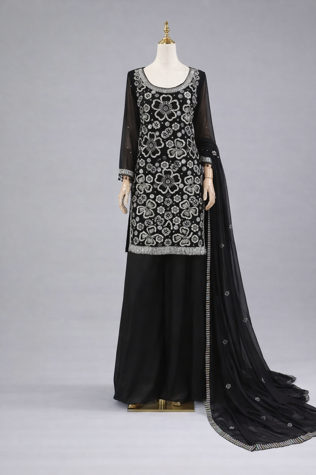 Eid collection-Beaded kameez with Extra flared Palazzo-Black
