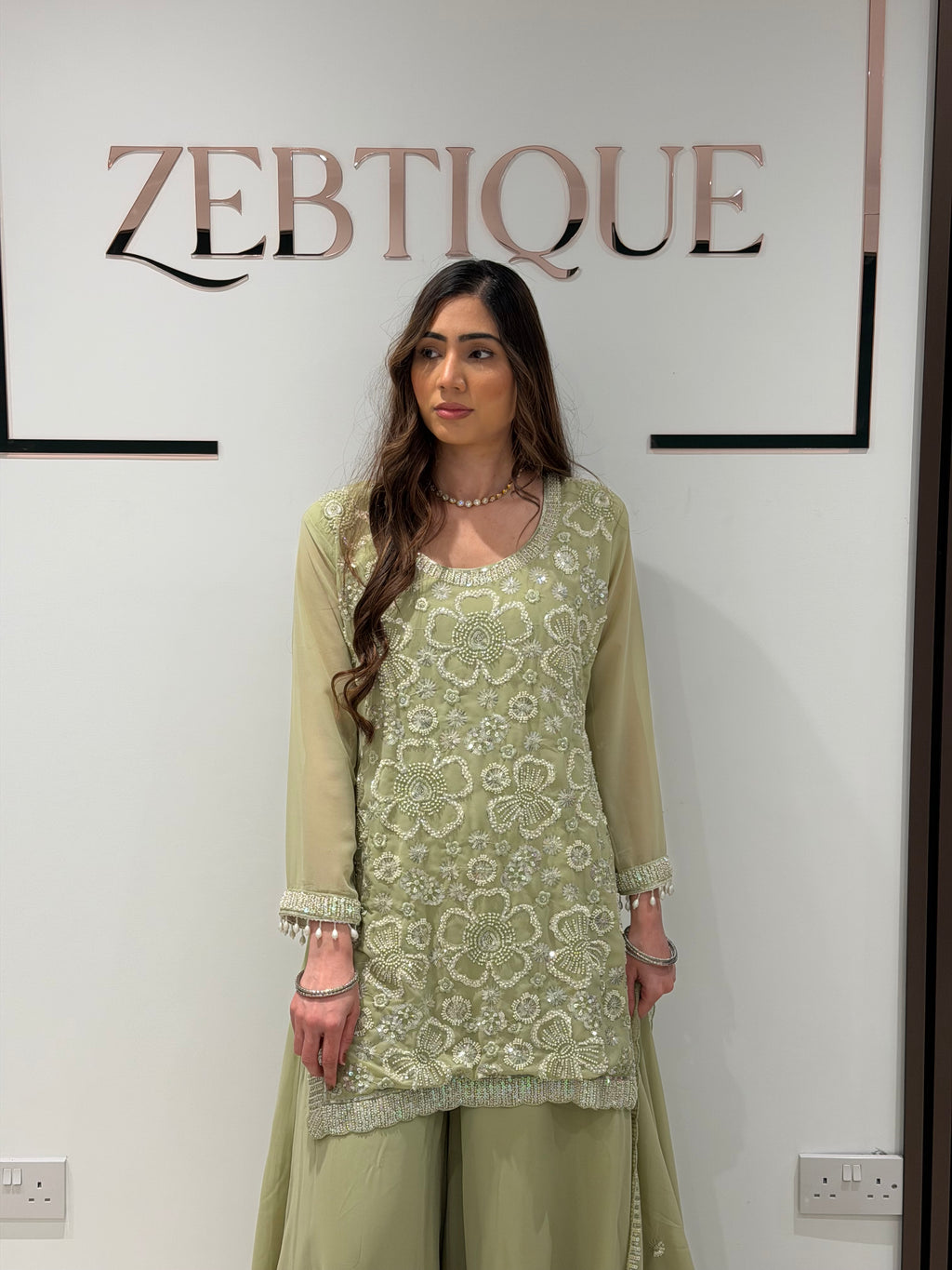 Eid collection-Beaded kameez with Extra flared Palazzo-Sage Green