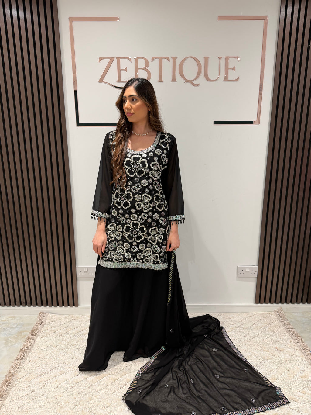Eid collection-Beaded kameez with Extra flared Palazzo-Black