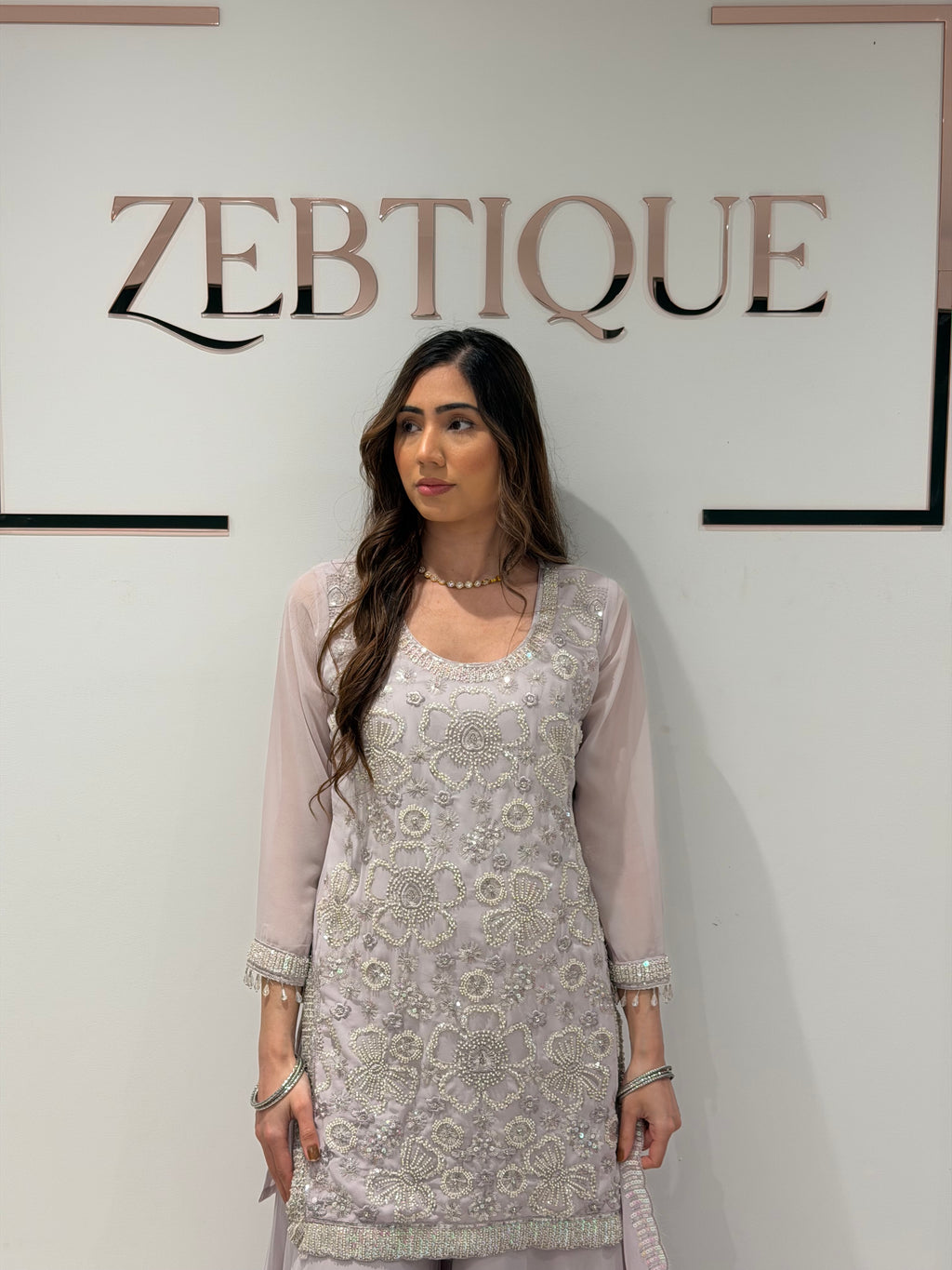 Eid collection-Beaded kameez with Extra flared Palazzo-Lilac