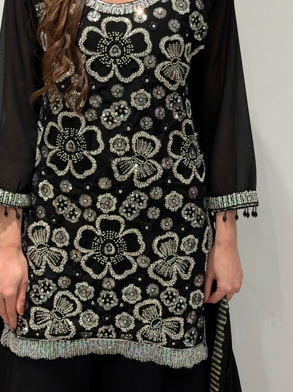 Eid collection-Beaded kameez with Extra flared Palazzo-Black