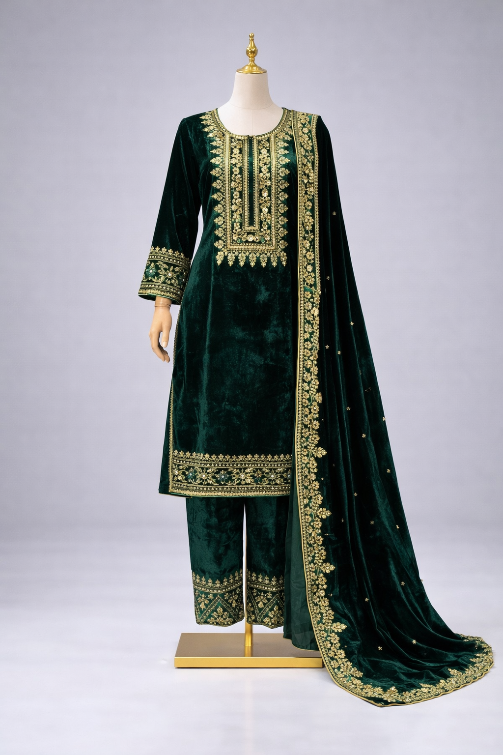 Embroidered velvet shawl suit