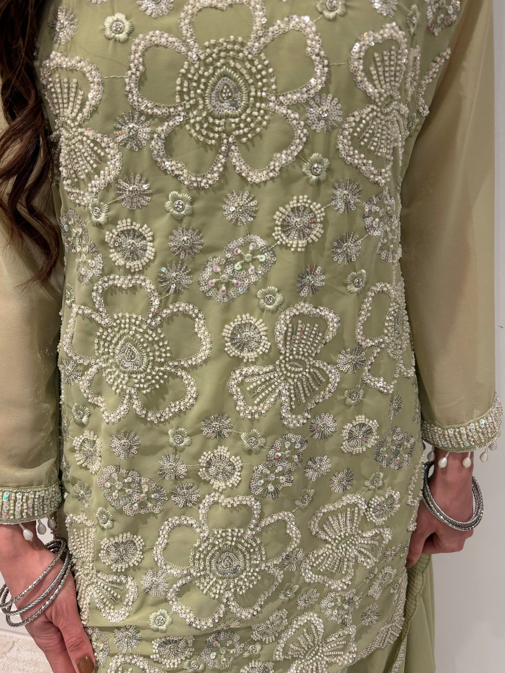 Eid collection-Beaded kameez with Extra flared Palazzo-Sage Green