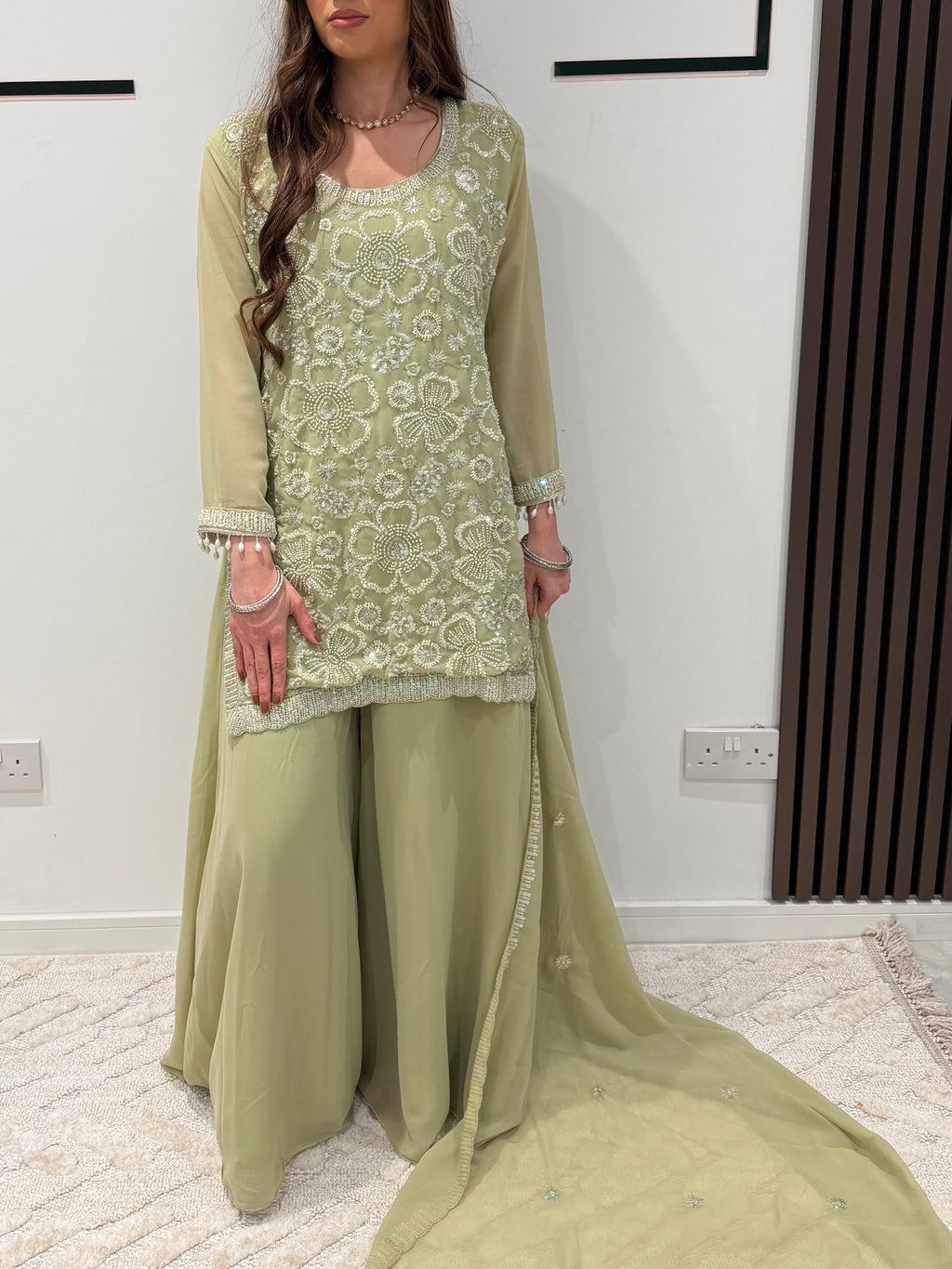 Eid collection-Beaded kameez with Extra flared Palazzo-Sage Green