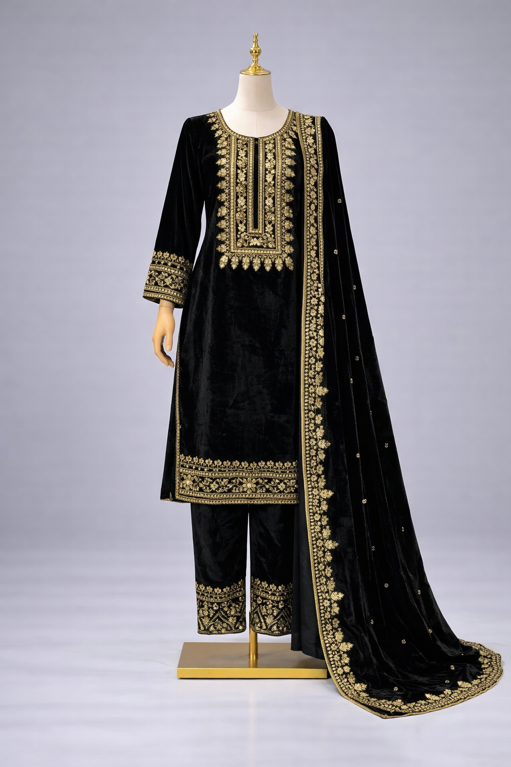 Embroidered velvet shawl suit