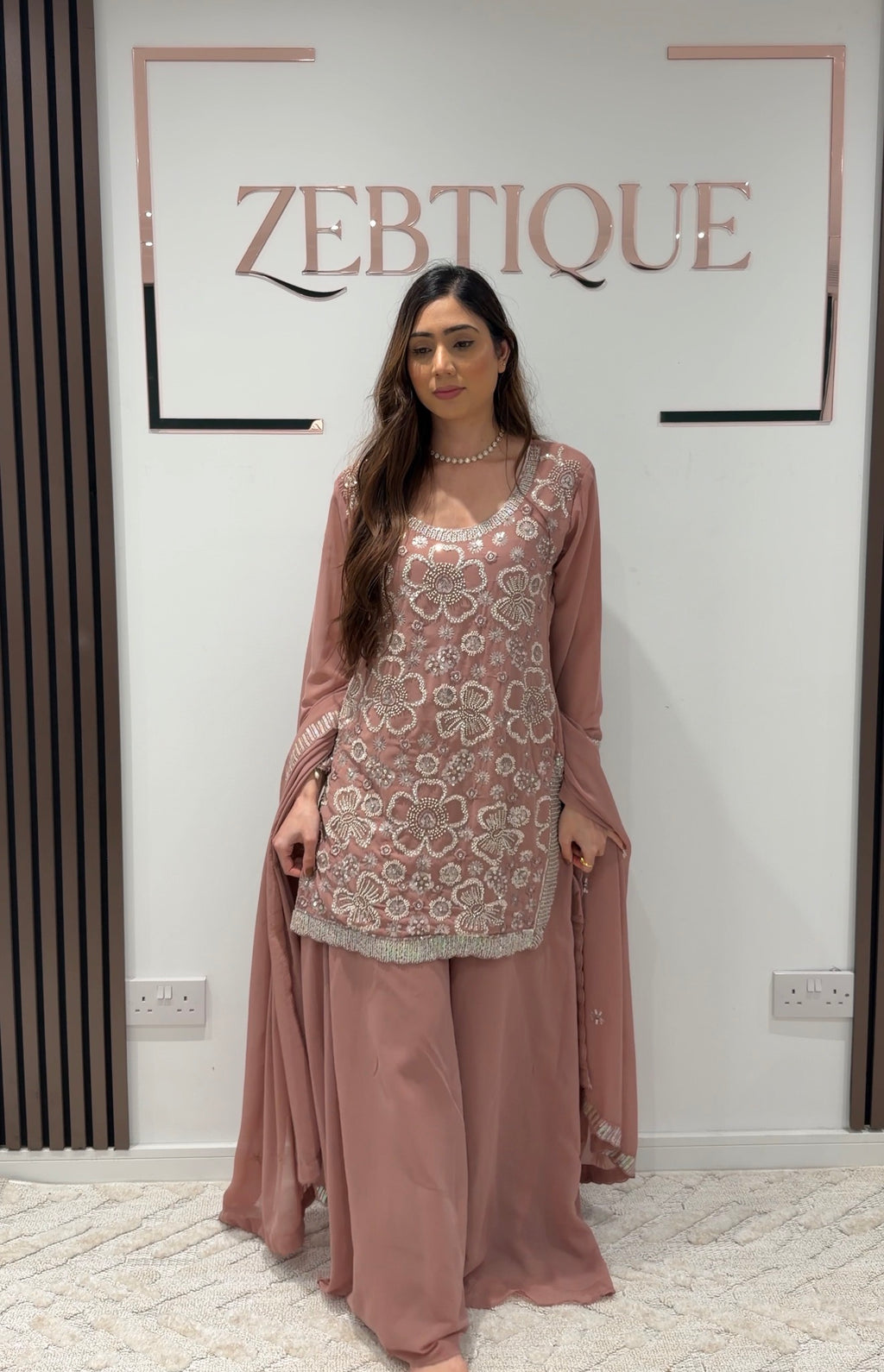 Eid collection -Beaded Kameez With Extra Flared Palazzo Dusty Pink
