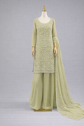 Eid collection-Beaded kameez with Extra flared Palazzo-Sage Green