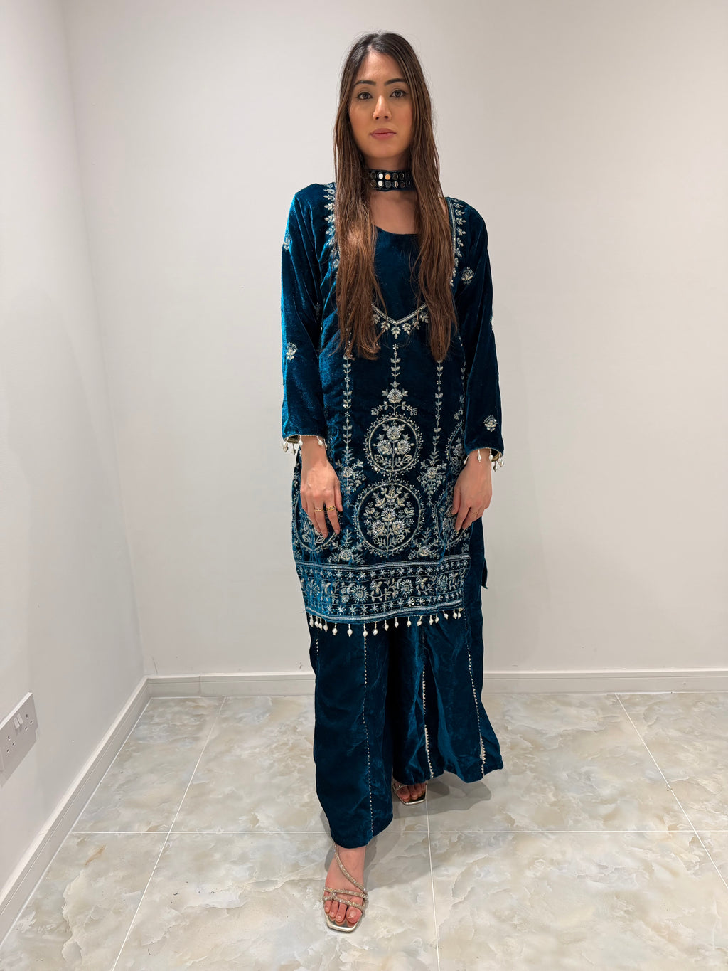 Blue velvet palazzo suit