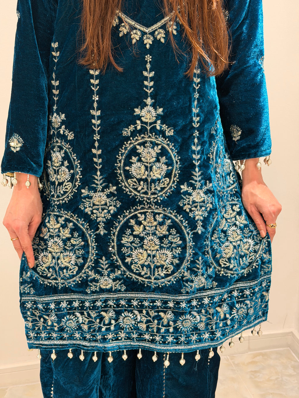 Blue velvet palazzo suit
