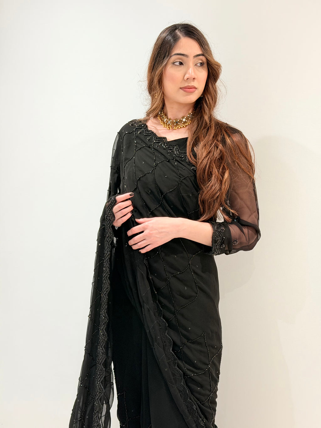 Black heavy beaded Saree