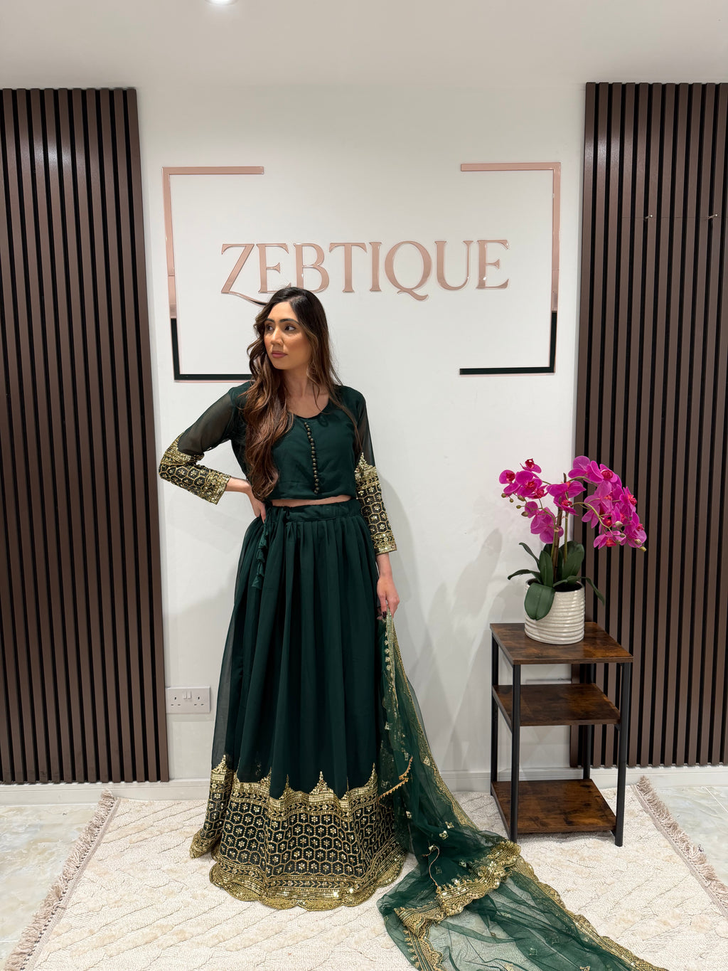 Dark green Faux Georgette Lehenga set