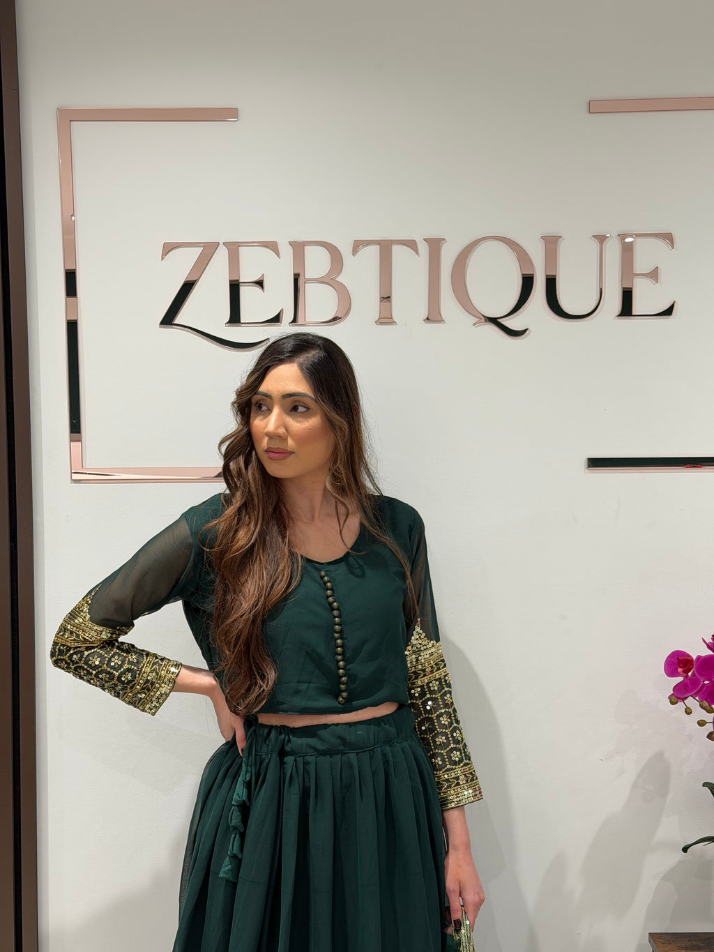 Dark green Faux Georgette Lehenga set